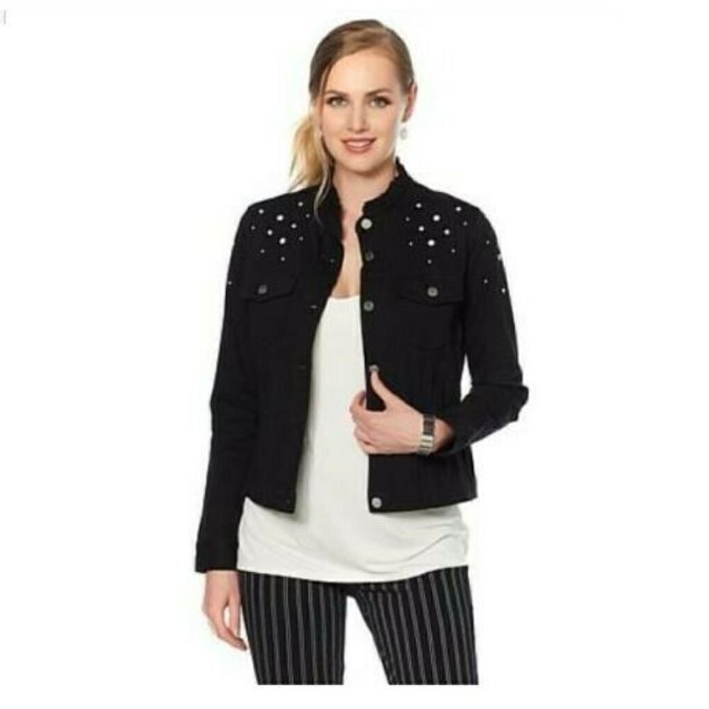 Lysse Denim Pearl Studs Ruffle Collar jacket